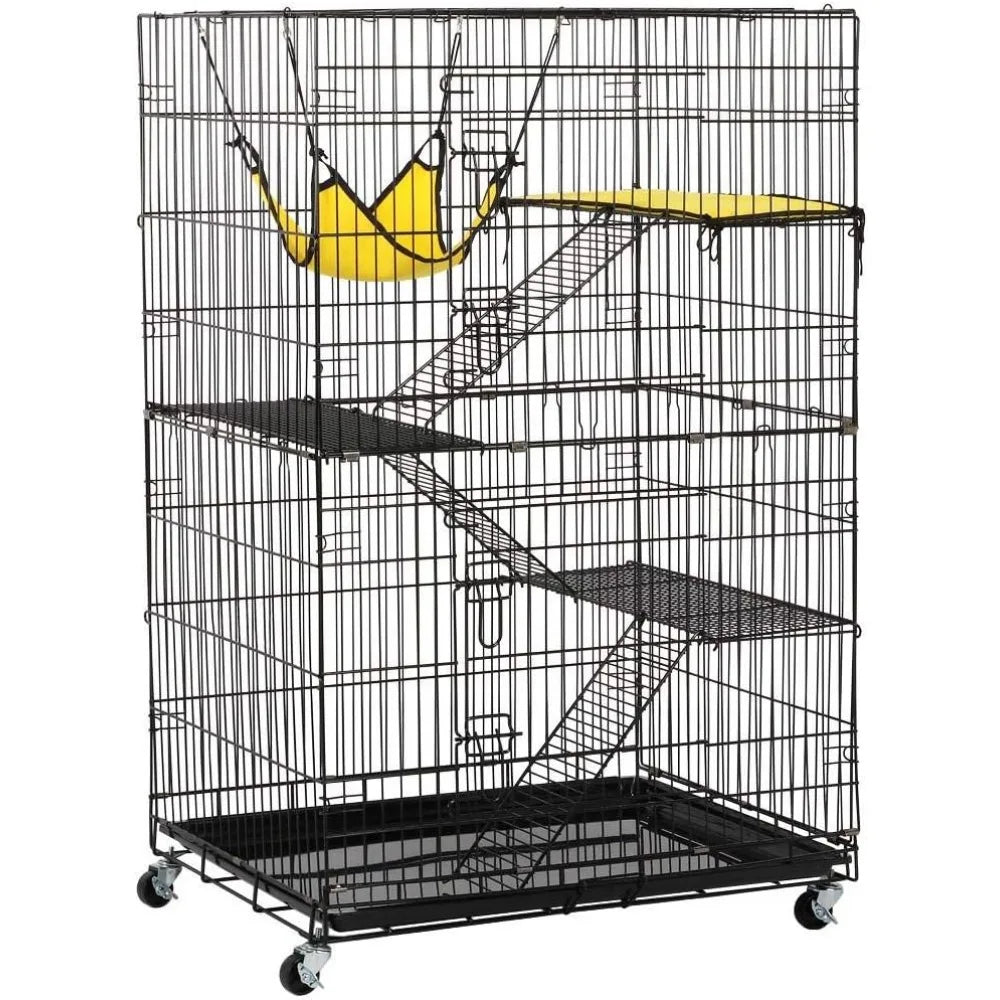 4-Tier Foldable Kitten Cat Home Cages Wire Pet Crate House with Leopard Hammock Bed & Wheel Casters for Measures 32L x 22W x 48