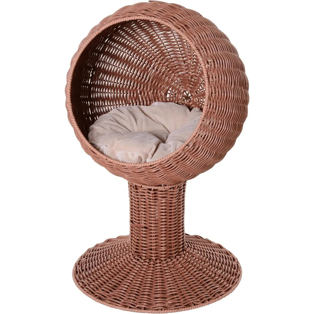 Elevated Cat Bed with Rotatable Egg Chair Pod, Cat Basket Bed with Thick Cushion, Natural Mat Grass Woven Kitty House