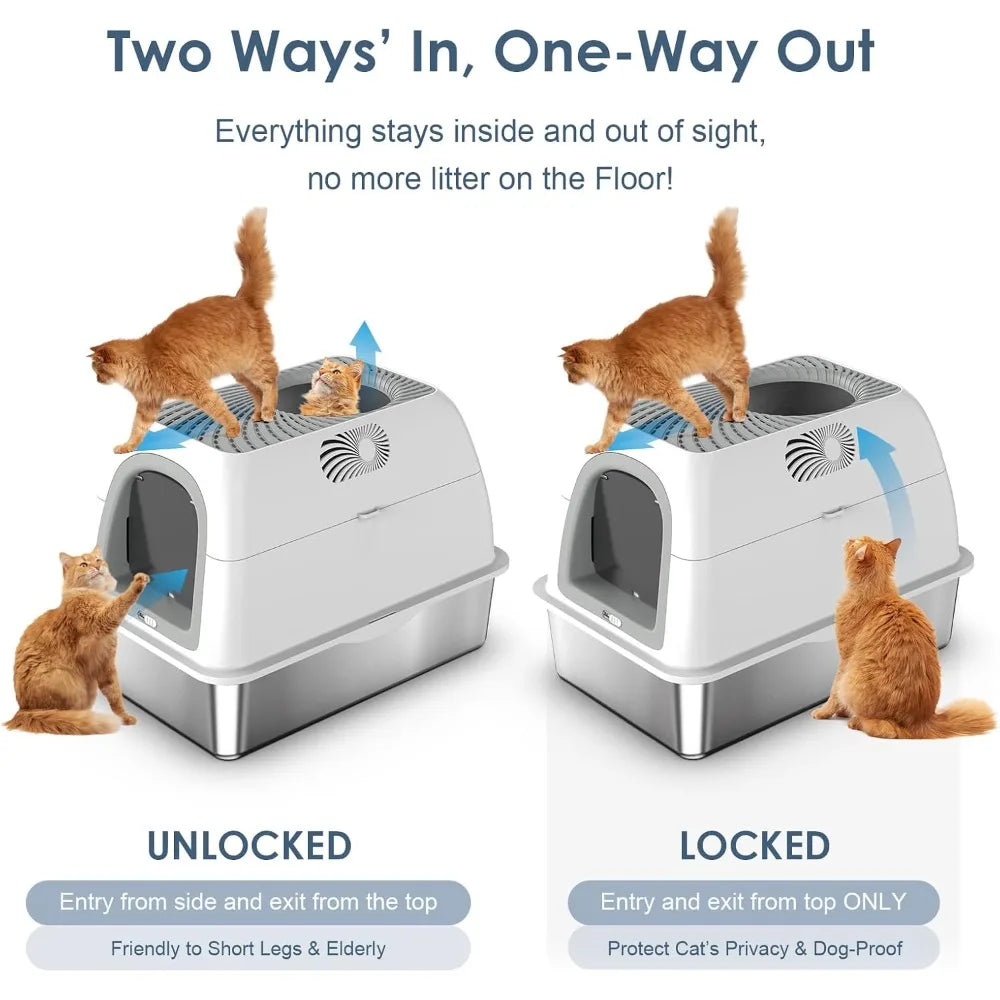 Upgraded Stainless Steel Top Entry Litter Box with Dog-Proof, Hooded Stainless Steel Litter Box with Filter Lid