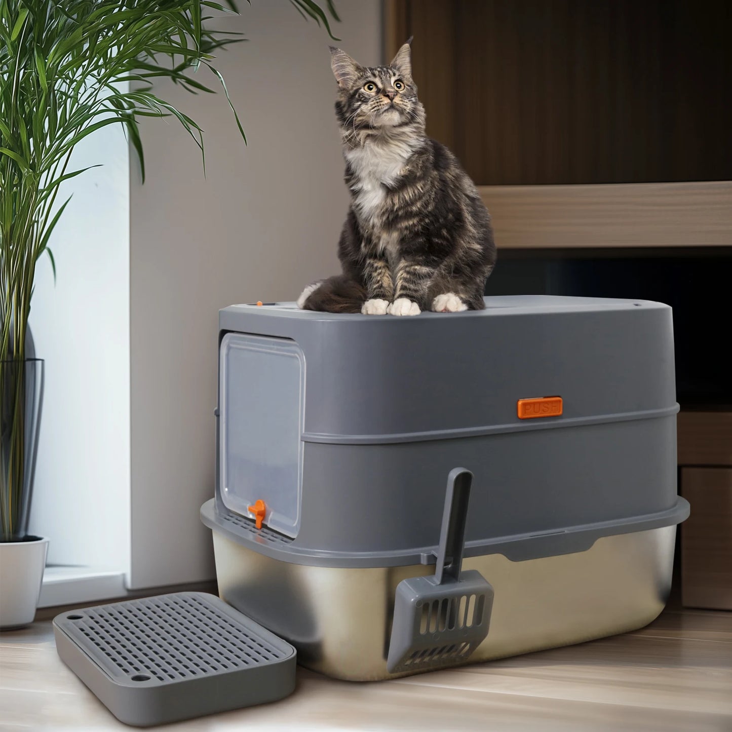 4-Style Stainless Steel Cat Litter Box with Lid Large Kitty Litter Box Enclosed with High Sided Enclosure Scoop Non-Sticky