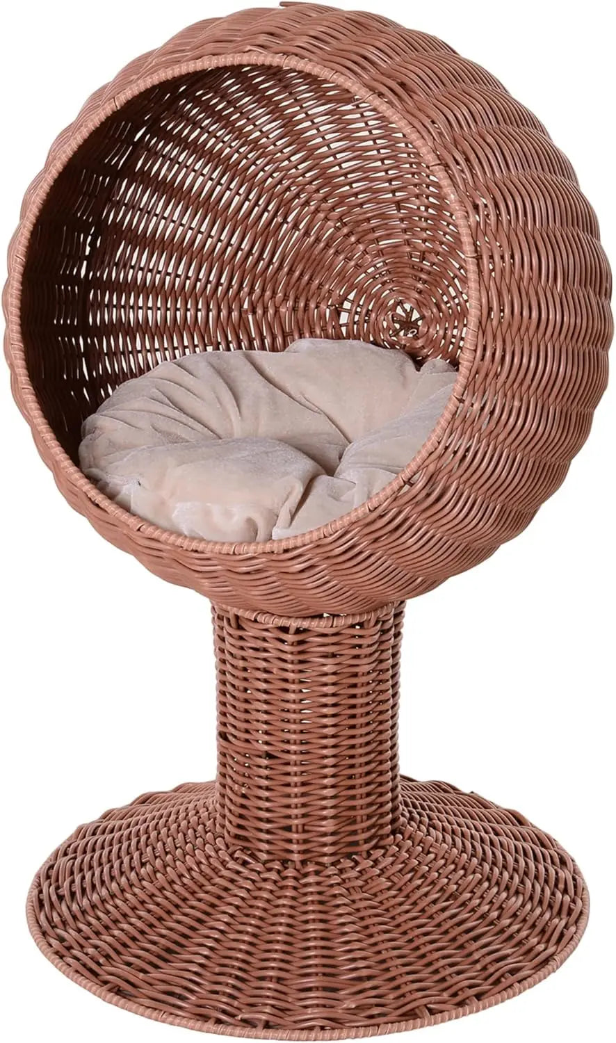 Elevated Cat Bed with Rotatable Egg Chair Pod, Cat Basket Bed with Thick Cushion, Natural Mat Grass Woven Kitty House