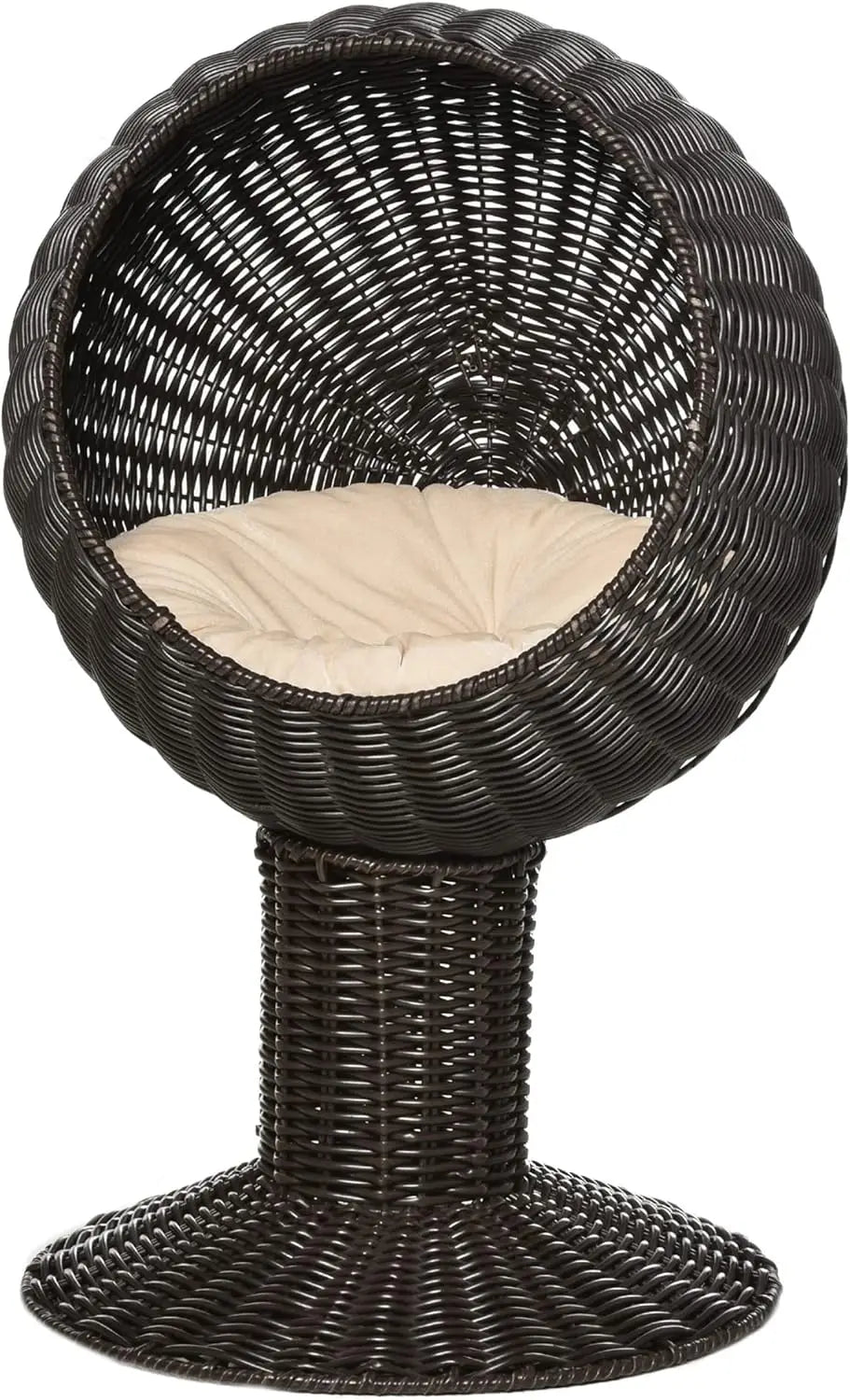 Elevated Cat Bed with Rotatable Egg Chair Pod, Cat Basket Bed with Thick Cushion, Natural Mat Grass Woven Kitty House