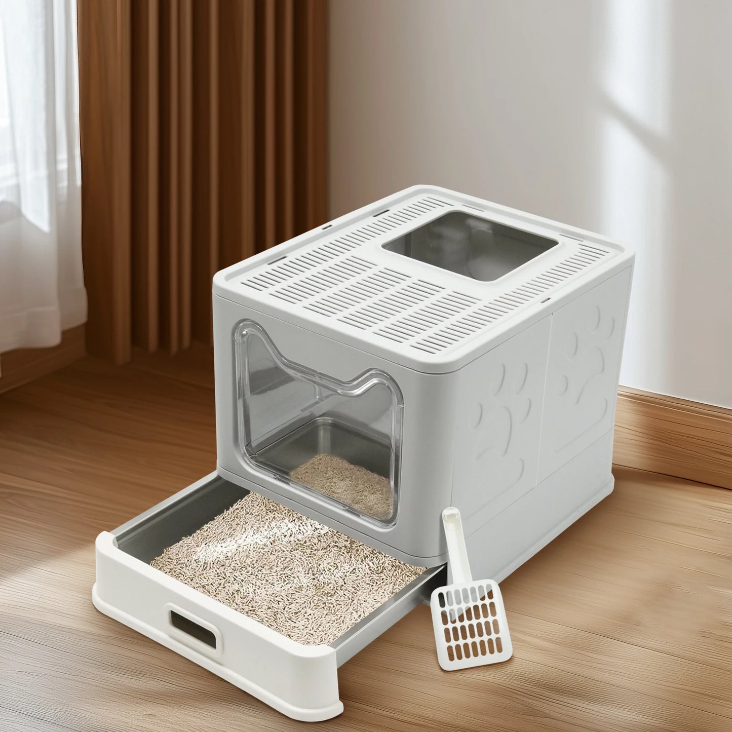 4-Style Stainless Steel Cat Litter Box with Lid Large Kitty Litter Box Enclosed with High Sided Enclosure Scoop Non-Sticky