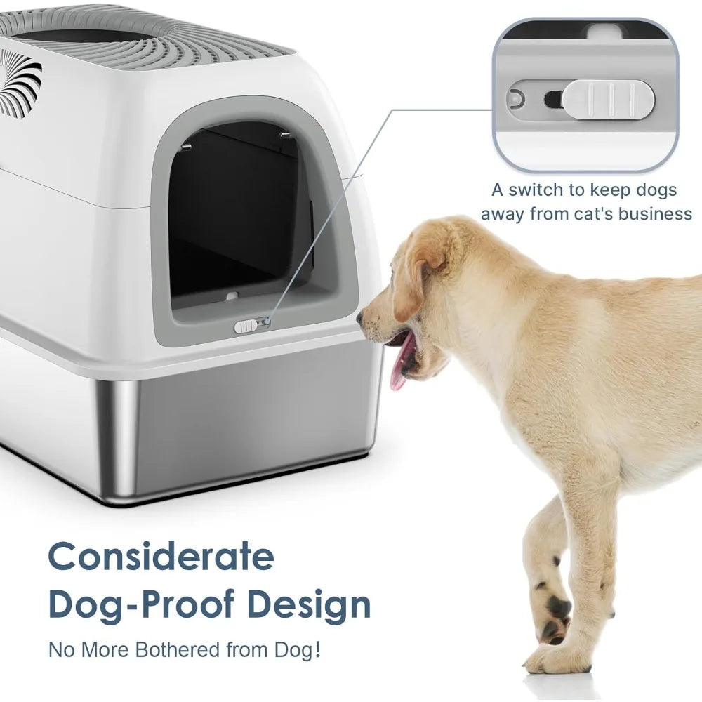 Upgraded Stainless Steel Top Entry Litter Box with Dog-Proof, Hooded Stainless Steel Litter Box with Filter Lid
