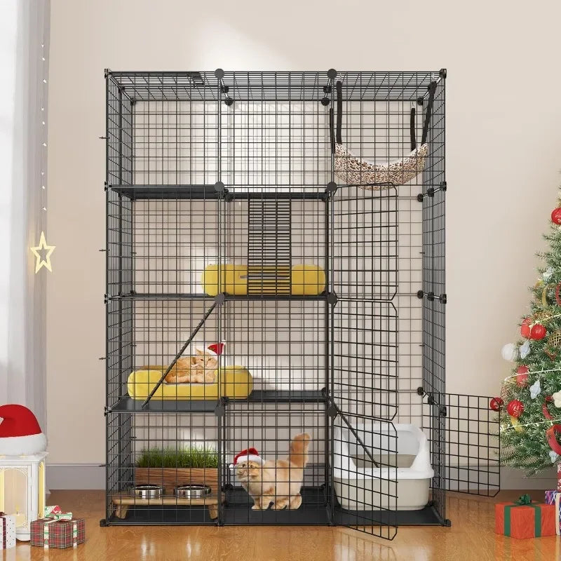 4-Tier Indoor Cat Enclosure with Hammock - Large Metal Wire Playpen Kennel for 1-3 Cats