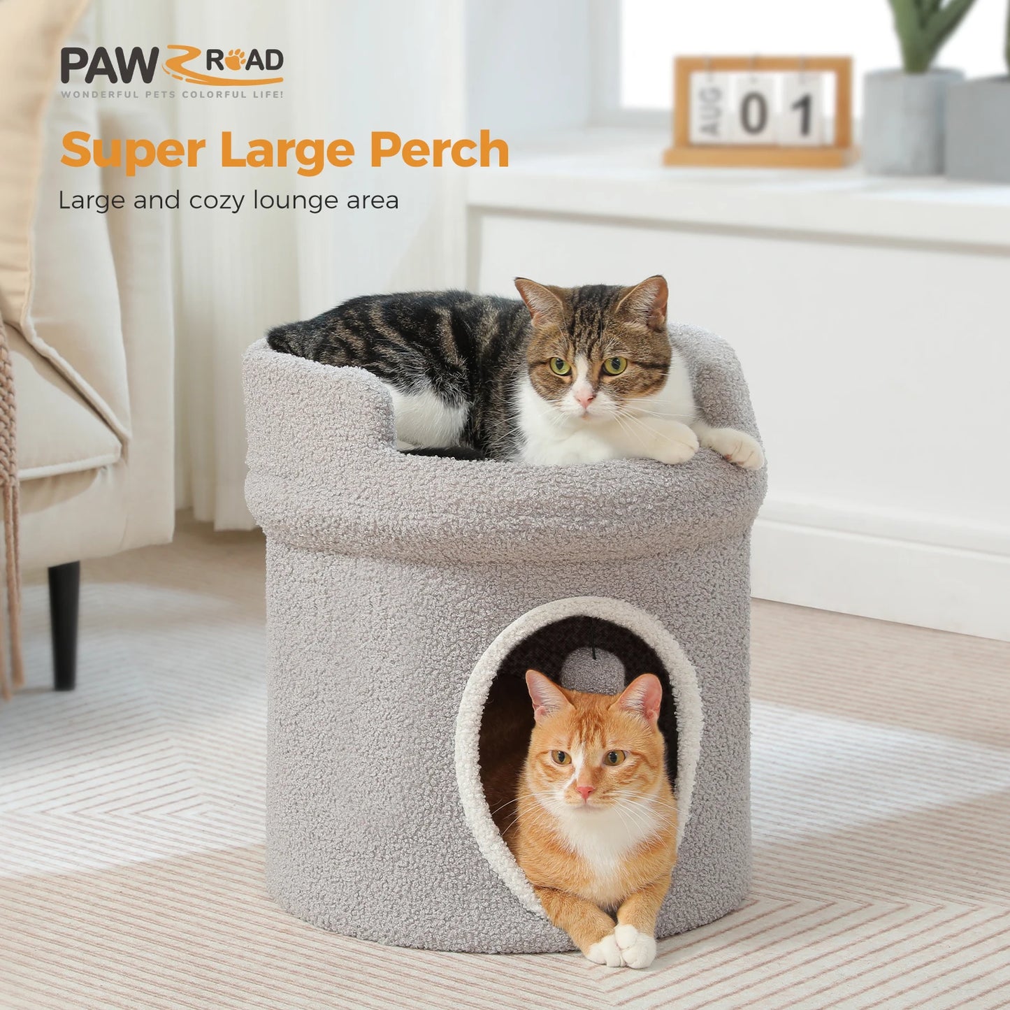 Double-Deck Cat House with Pompom Ball, Large Cat Condo, Cat Bed with Soft Flower Perch, Spacious Cozy Condo for Multi Cats