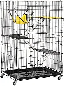 4-Tier Foldable Kitten Cat Home Cages Wire Pet Crate House with Leopard Hammock Bed & Wheel Casters for Measures 32L x 22W x 48