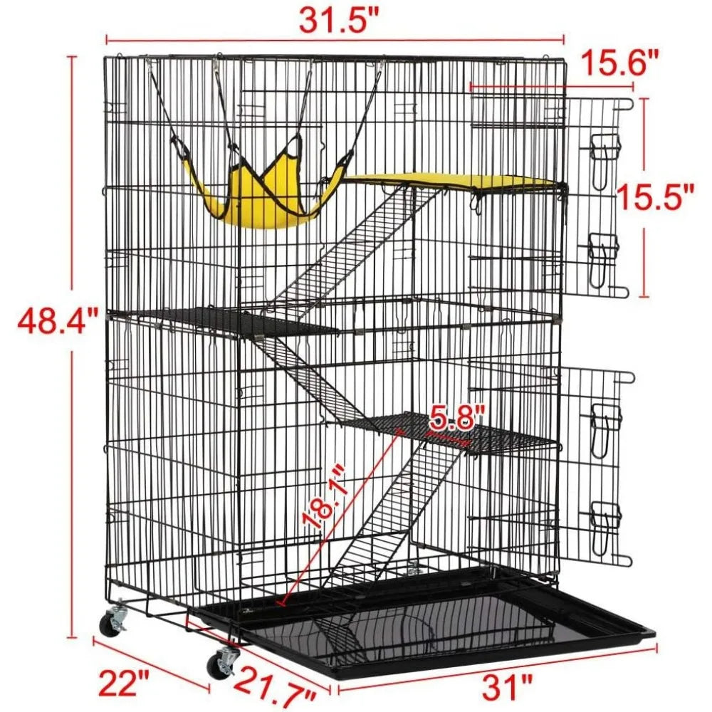 4-Tier Foldable Kitten Cat Home Cages Wire Pet Crate House with Leopard Hammock Bed & Wheel Casters for Measures 32L x 22W x 48