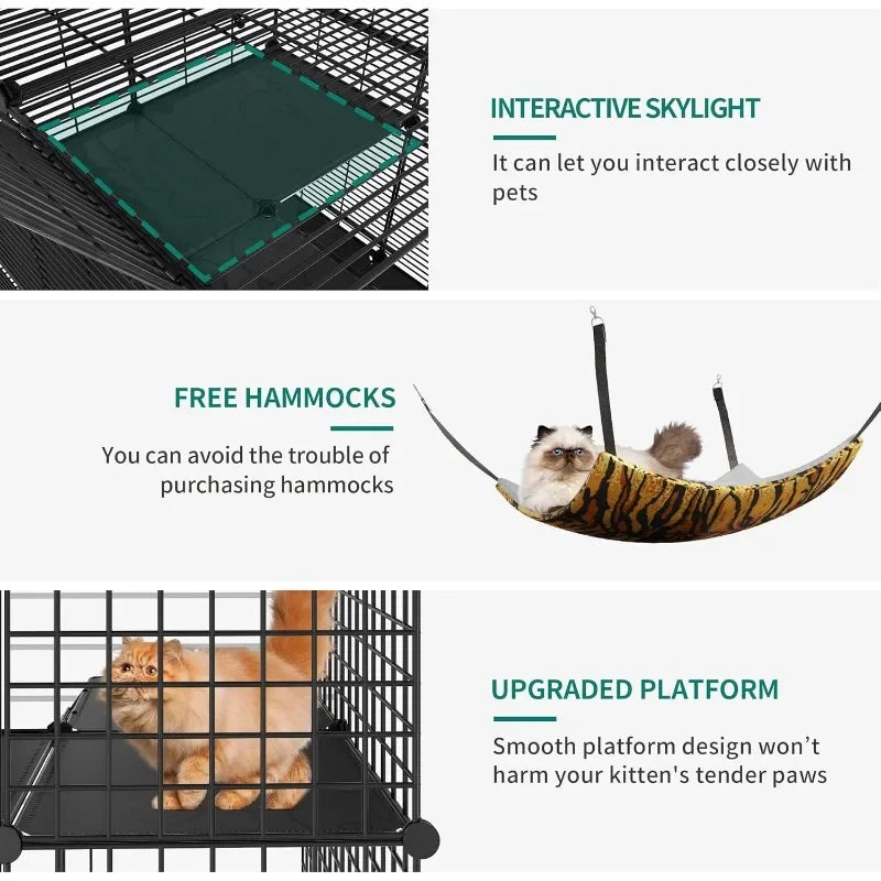 4-Tier Indoor Cat Enclosure with Hammock - Large Metal Wire Playpen Kennel for 1-3 Cats