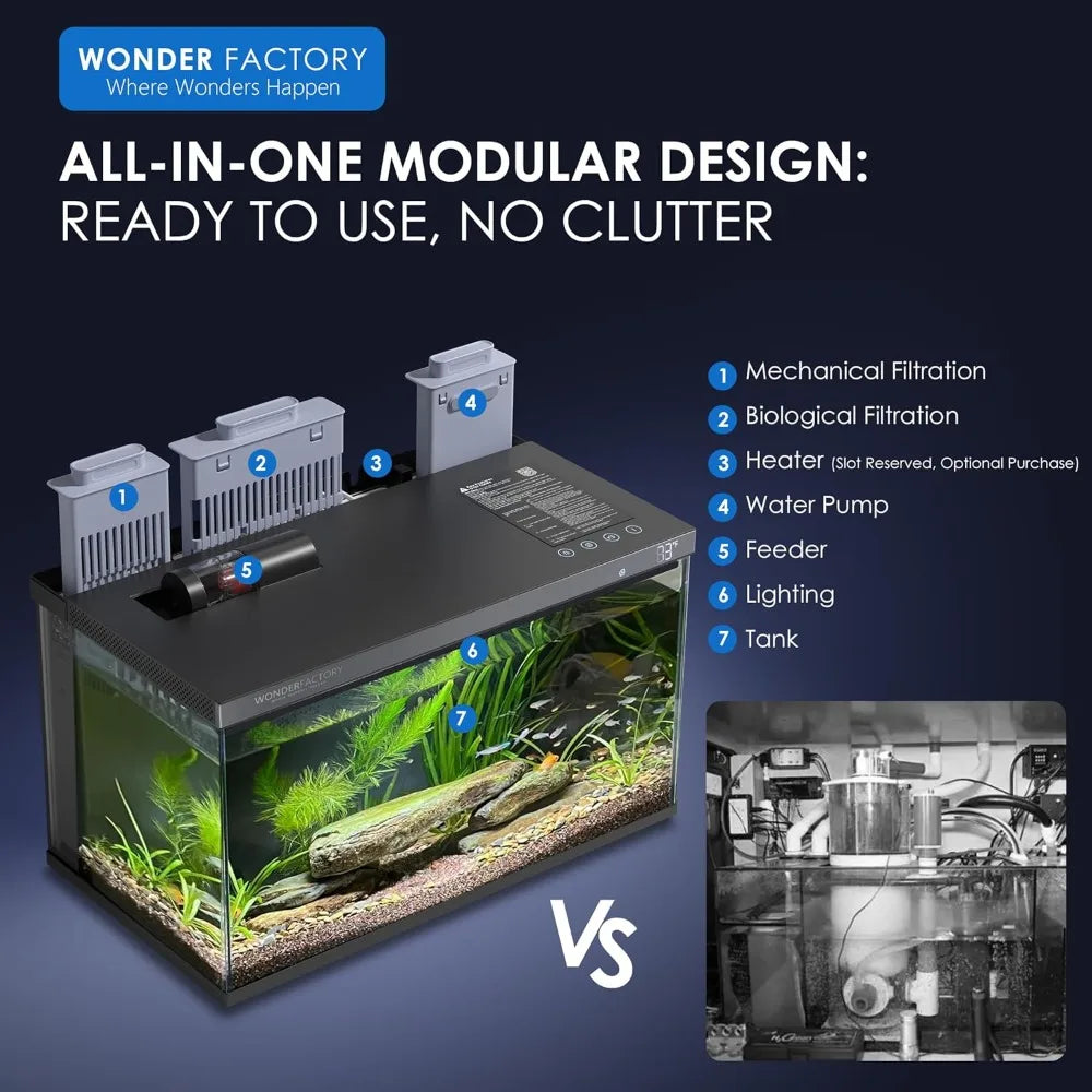 Smart Aquarium Fish Tank 5 Gallon Starter kit, Self Cleaning System Efficiency Filter 7 Color LED Lights Automatic Feeder