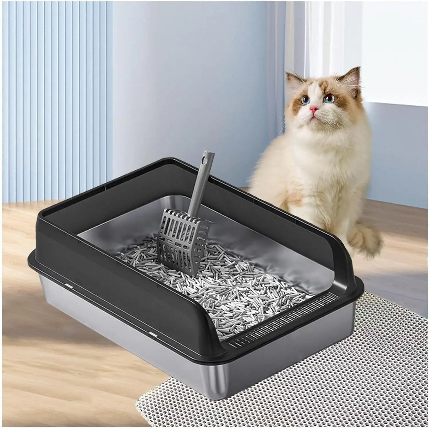 Stainless Steel Litter Boxes with Anti-Leakage Enclosure, Stainless Steel Litter Box Enclosed Include Cat Mat and Litter Scoop