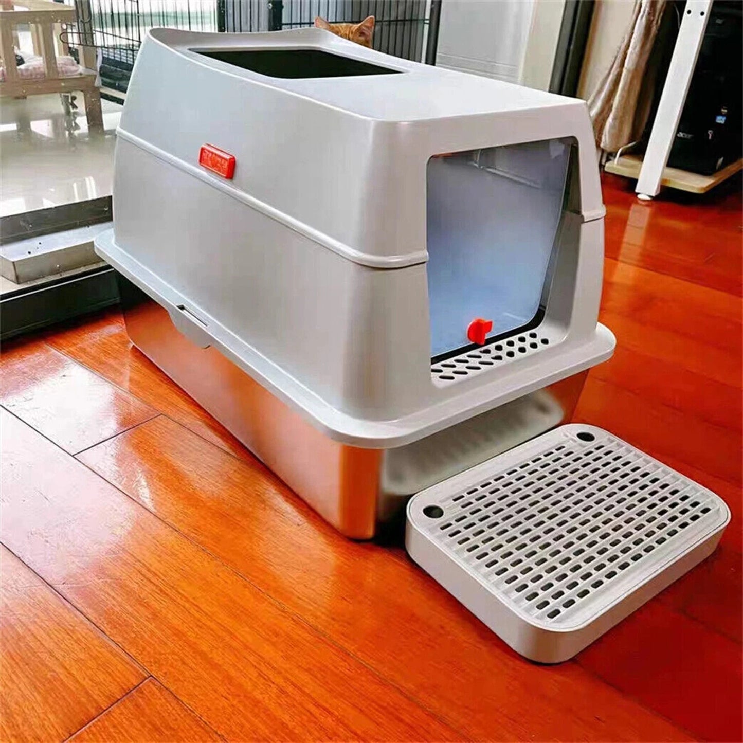 4-Style Stainless Steel Cat Litter Box with Lid Large Kitty Litter Box Enclosed with High Sided Enclosure Scoop Non-Sticky