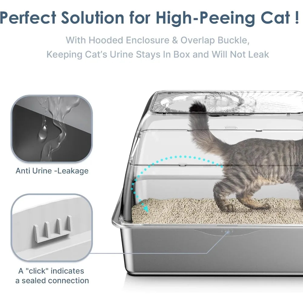 Upgraded Stainless Steel Top Entry Litter Box with Dog-Proof, Hooded Stainless Steel Litter Box with Filter Lid