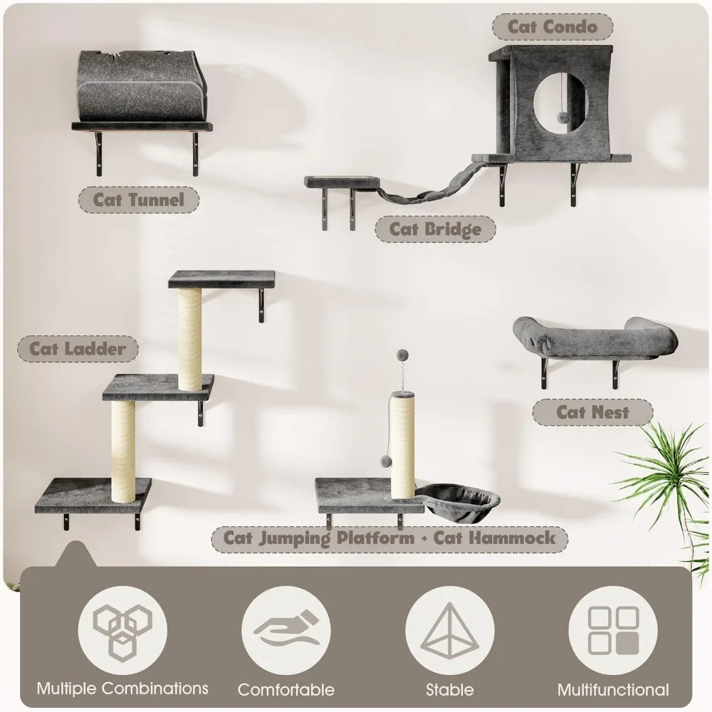7-in-1 Wall Mounted Cat Climber Set, Cat Furniture Set with House, Bridge, Tree, Steps, Scratcher, DIY Playground, Shelves for