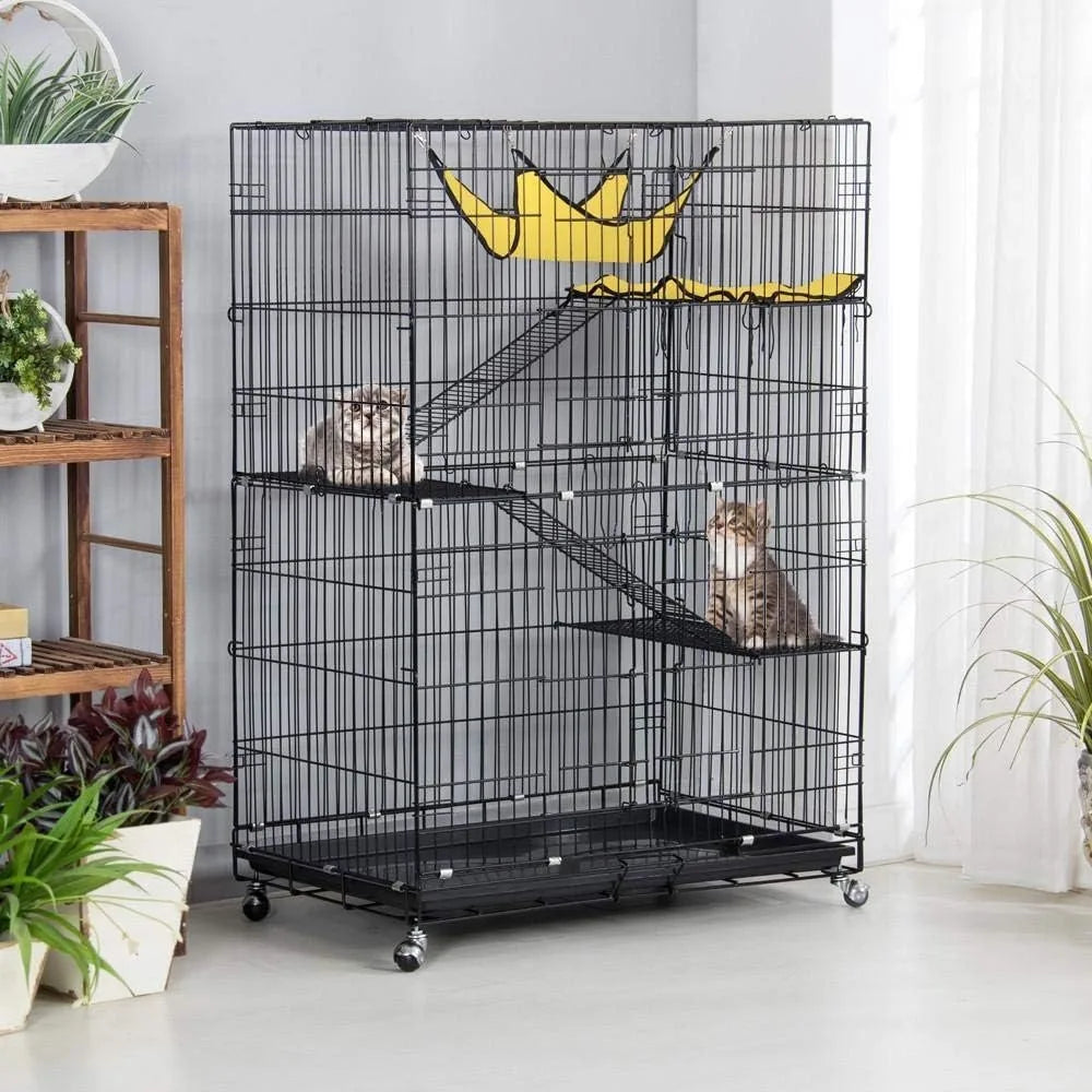 4-Tier Foldable Kitten Cat Home Cages Wire Pet Crate House with Leopard Hammock Bed & Wheel Casters for Measures 32L x 22W x 48