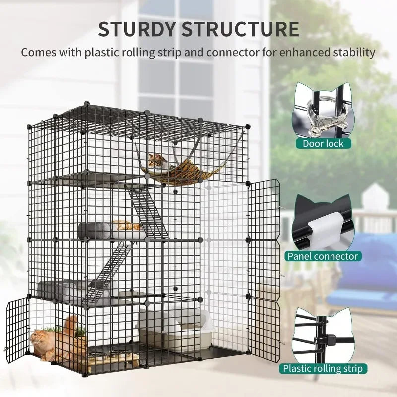 4-Tier Indoor Cat Enclosure with Hammock - Large Metal Wire Playpen Kennel for 1-3 Cats