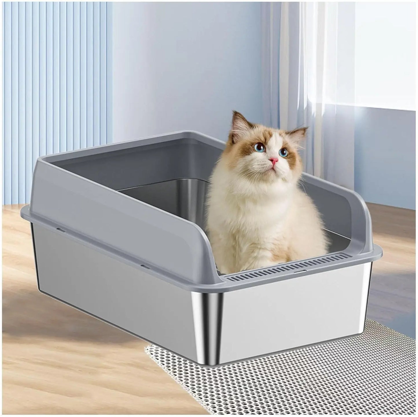Stainless Steel Litter Boxes with Anti-Leakage Enclosure, Stainless Steel Litter Box Enclosed Include Cat Mat and Litter Scoop