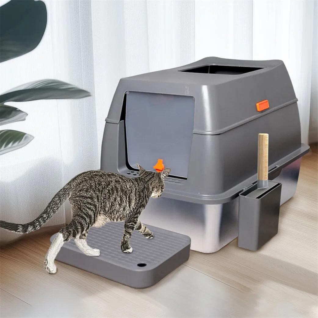 4-Style Stainless Steel Cat Litter Box with Lid Large Kitty Litter Box Enclosed with High Sided Enclosure Scoop Non-Sticky