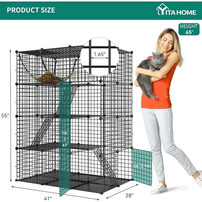 4-Tier Indoor Cat Enclosure with Hammock - Large Metal Wire Playpen Kennel for 1-3 Cats