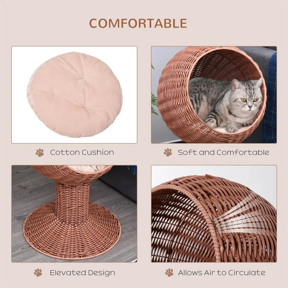 Elevated Cat Bed with Rotatable Egg Chair Pod, Cat Basket Bed with Thick Cushion, Natural Mat Grass Woven Kitty House