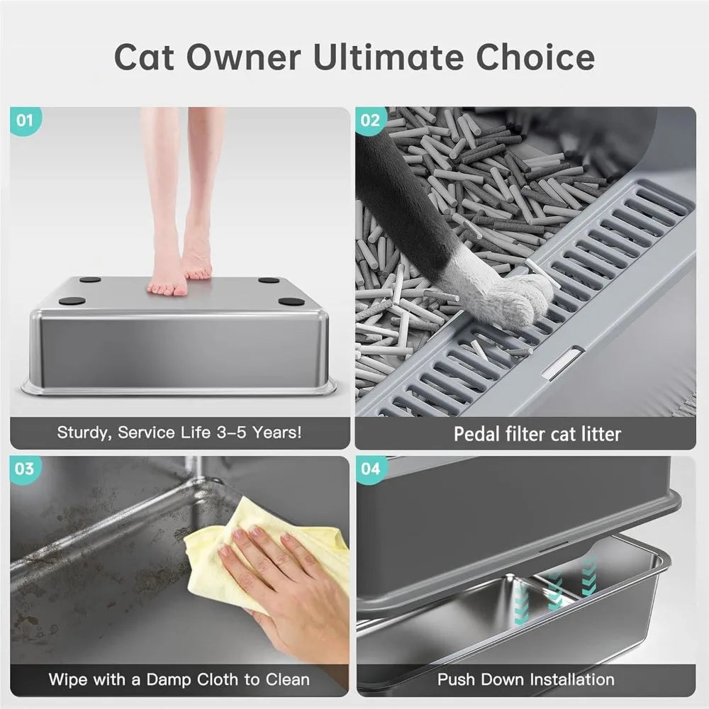 Stainless Steel Litter Boxes with Anti-Leakage Enclosure, Stainless Steel Litter Box Enclosed Include Cat Mat and Litter Scoop