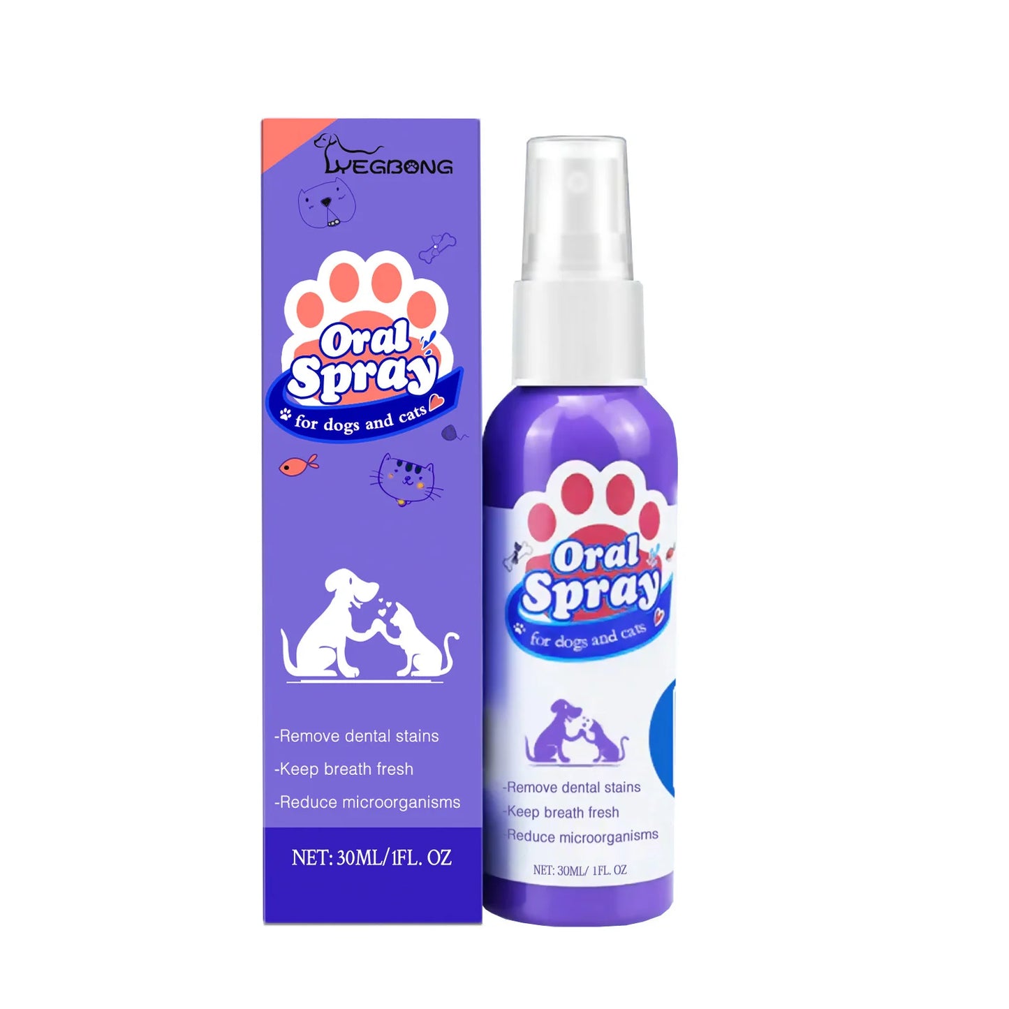 Whitening | Breath Freshening | Stain Removal 
Keep your pet’s smile clean and fresh with this easy-to-use oral spray. Designed for both cats and dogs, it helps:
🦷 Whiten teeth and reduce visible stains
😮‍💨 Elimi