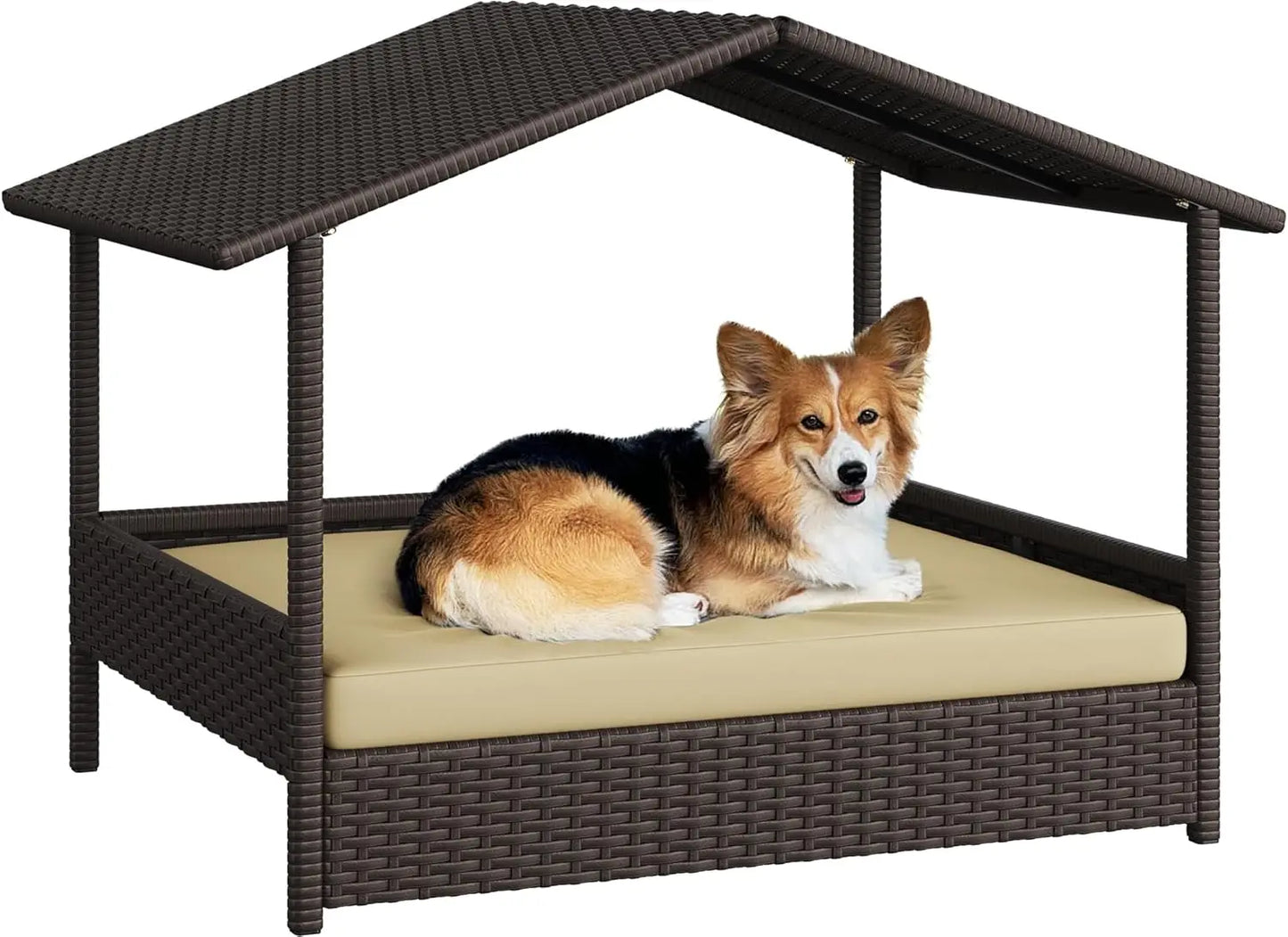 Wicker Dog House Outdoor Indoor with Canopy,Elevated Dog Shelter Dog Bed with Cushion for Small/Medium Dogs,Shade for Deck,Patio