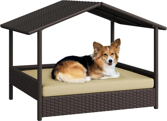 Wicker Dog House Outdoor Indoor with Canopy,Elevated Dog Shelter Dog Bed with Cushion for Small/Medium Dogs,Shade for Deck,Patio