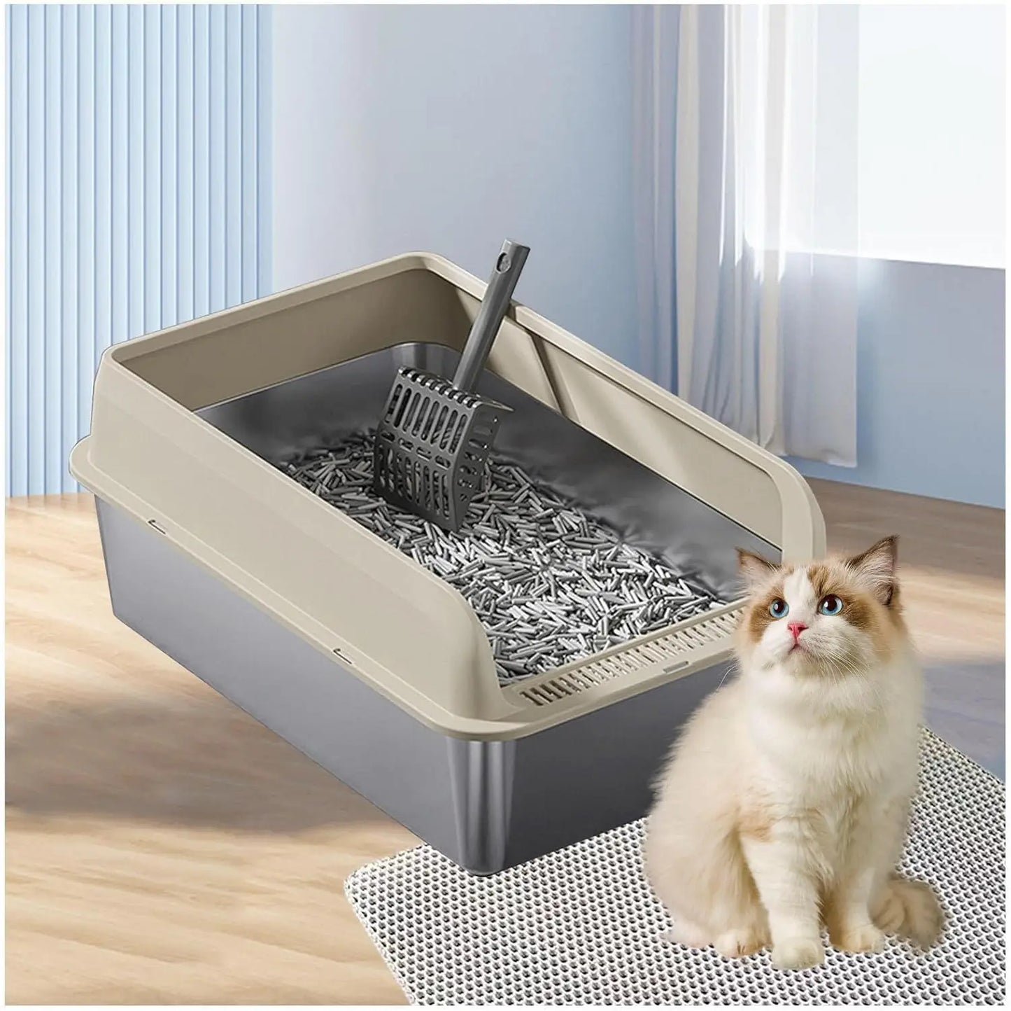 Stainless Steel Litter Boxes with Anti-Leakage Enclosure, Stainless Steel Litter Box Enclosed Include Cat Mat and Litter Scoop