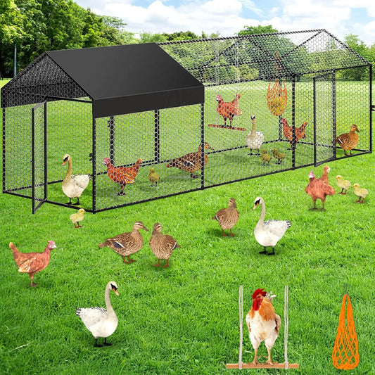 Large Metal Chicken Coop Chicken Run with Cover for 10-12 Chickens 120"×40"×40" Backyard Farm Animal Enclosure Crate Pet Playpen