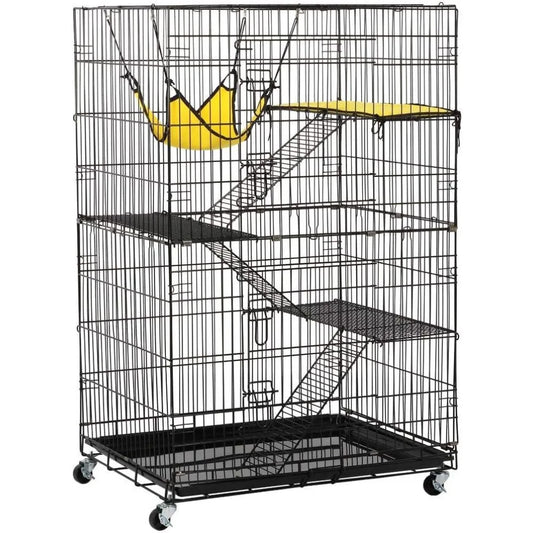4-Tier Foldable Kitten Cat Home Cages Wire Pet Crate House with Leopard Hammock Bed & Wheel Casters for Measures 32L x 22W x 48