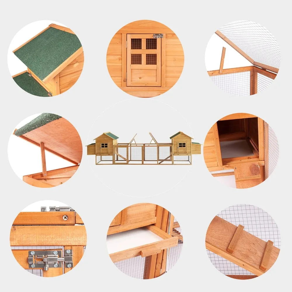 Outdoor Chicken Coop for 4-8 Chickens Wooden Hen Rabbit House Poultry Pet Hutch Run Cage w/Waterproof Asphalt Roof, Ramp, Nestin