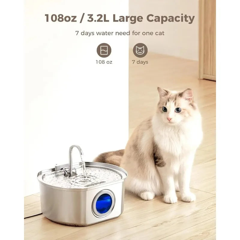 Unique features Cat Water Fountain Stainless Steel: 108oz/3.2L Cat Fountain for Drinking- Pet Water Fountain for Cats Inside
