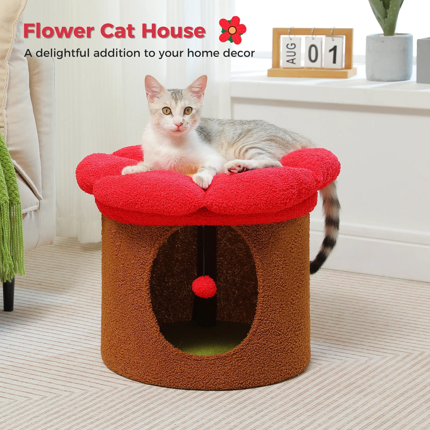Double-Deck Cat House with Pompom Ball, Large Cat Condo, Cat Bed with Soft Flower Perch, Spacious Cozy Condo for Multi Cats