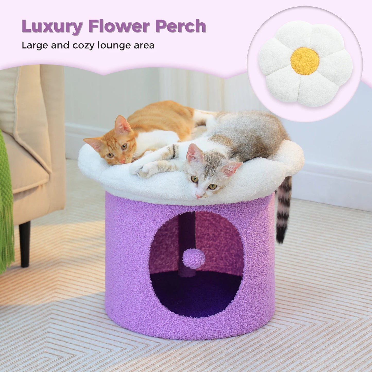 Double-Deck Cat House with Pompom Ball, Large Cat Condo, Cat Bed with Soft Flower Perch, Spacious Cozy Condo for Multi Cats