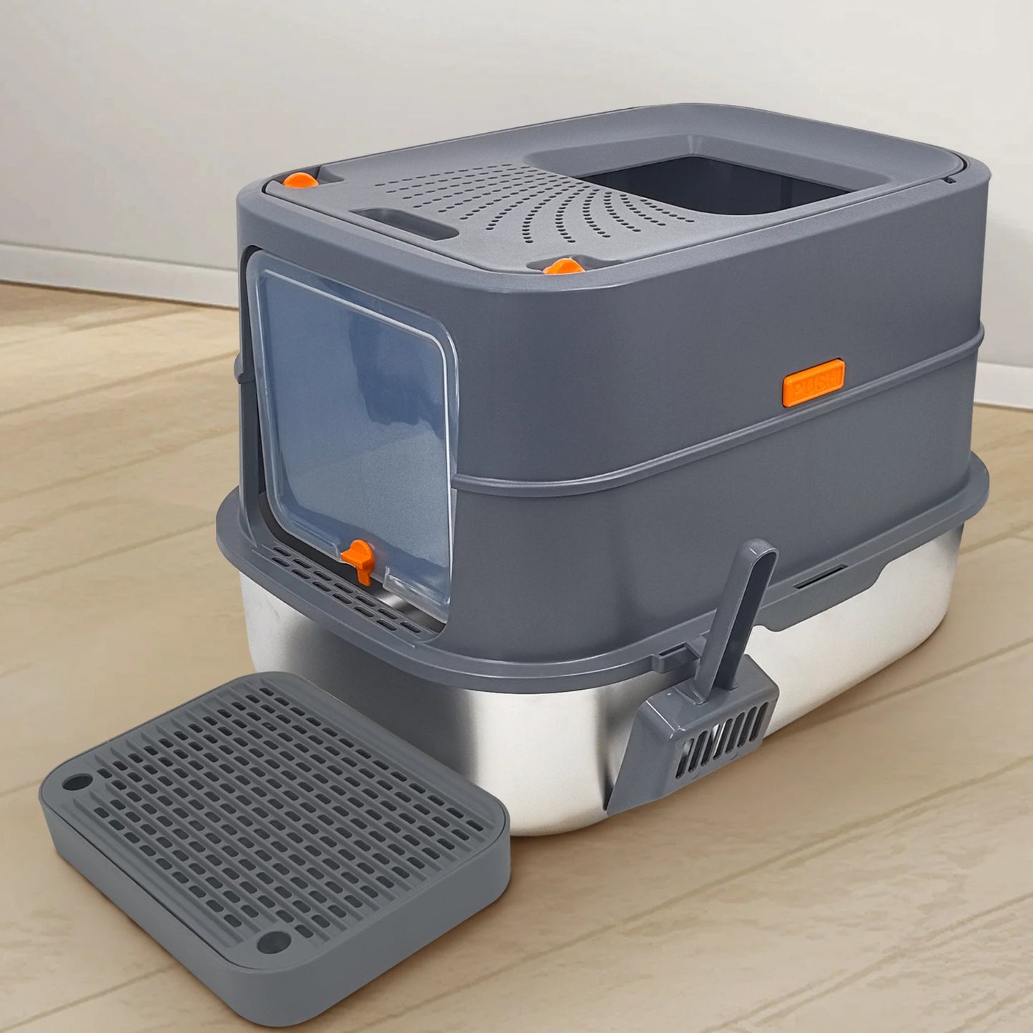 4-Style Stainless Steel Cat Litter Box with Lid Large Kitty Litter Box Enclosed with High Sided Enclosure Scoop Non-Sticky