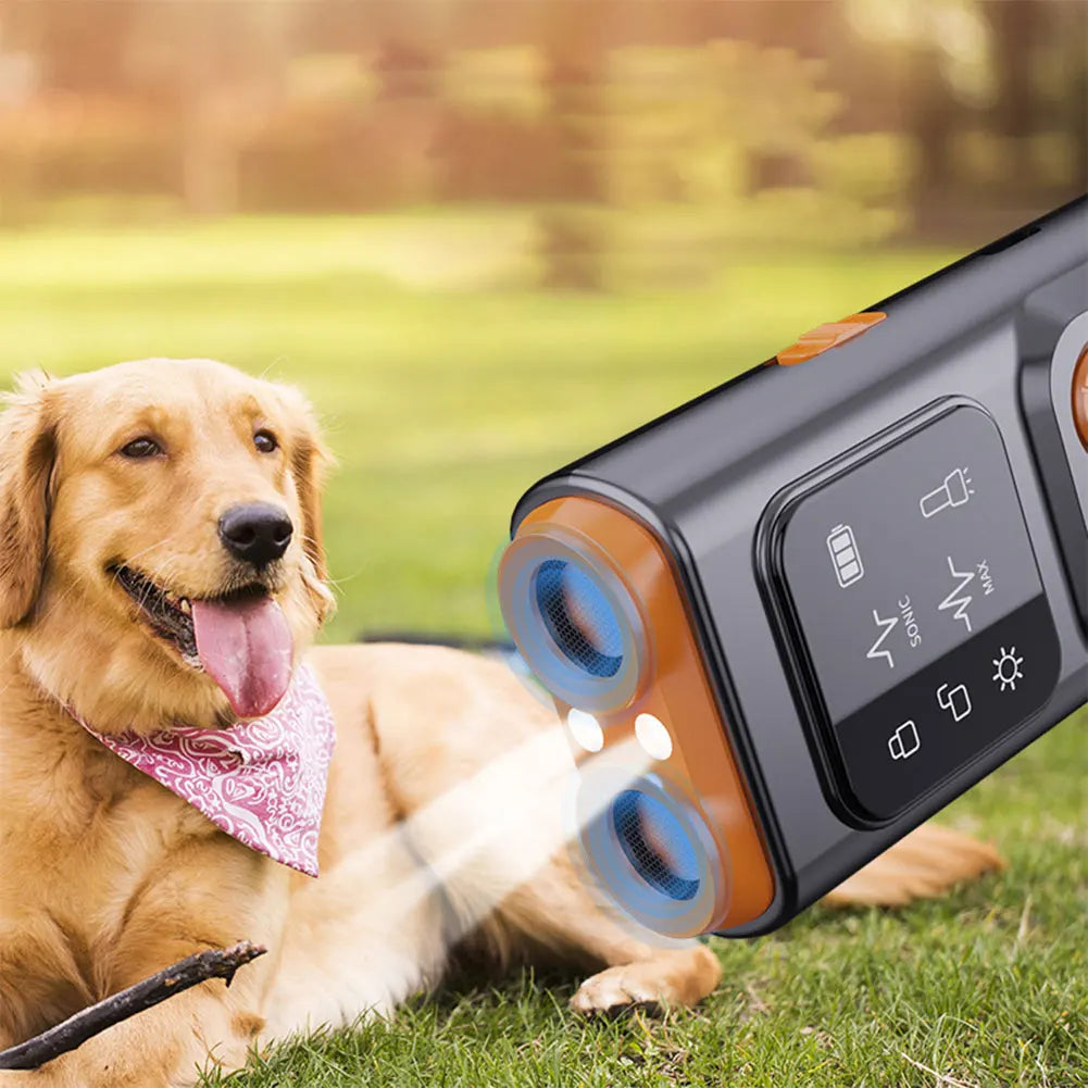 Rechargeable Sonic Anti Dog Bark Deterrent Device with Dual Ultrasonic Emitter LED Flashlight Shock Bark Collar Alternative