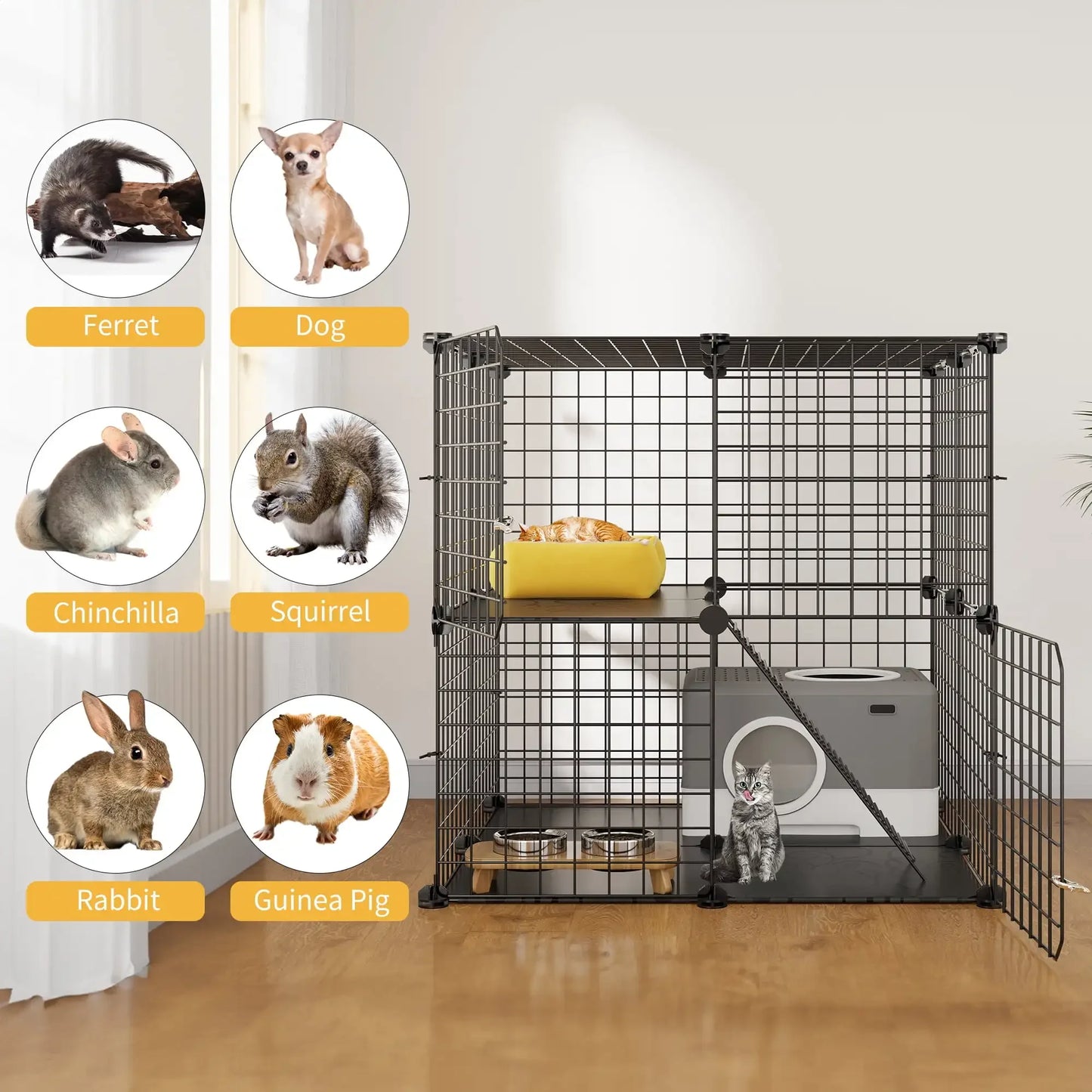 2-Tier Cat Cage,Indoor Pet Cage,DIY Pet Playpen Metal Kennel for 1-2 Cats, Ferrets, Chinchillas, Kittens,Travel and Camping