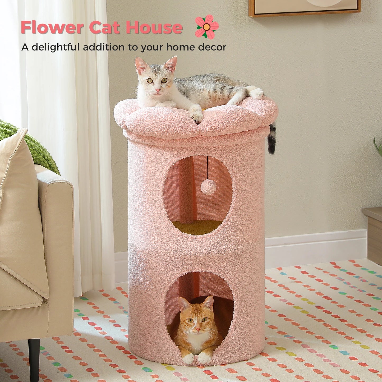 Double-Deck Cat House with Pompom Ball, Large Cat Condo, Cat Bed with Soft Flower Perch, Spacious Cozy Condo for Multi Cats