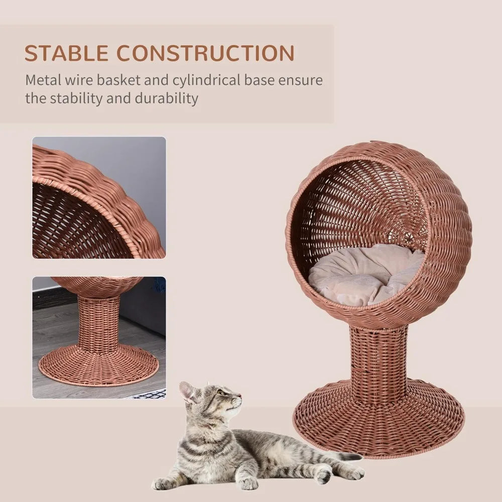 Elevated Cat Bed with Rotatable Egg Chair Pod, Cat Basket Bed with Thick Cushion, Natural Mat Grass Woven Kitty House