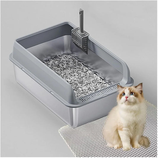 Stainless Steel Litter Boxes with Anti-Leakage Enclosure, Stainless Steel Litter Box Enclosed Include Cat Mat and Litter Scoop