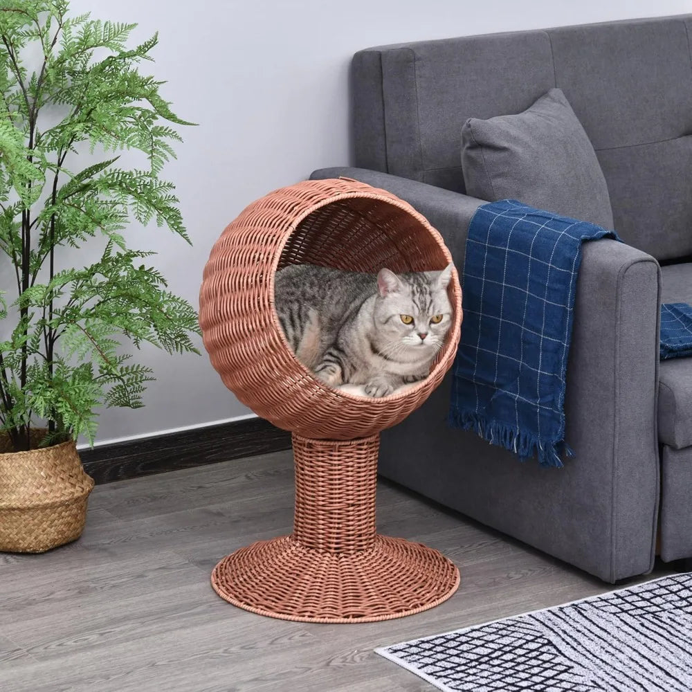 Elevated Cat Bed with Rotatable Egg Chair Pod, Cat Basket Bed with Thick Cushion, Natural Mat Grass Woven Kitty House
