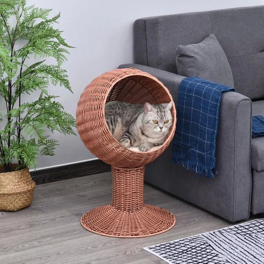 Elevated Cat Bed with Rotatable Egg Chair Pod, Cat Basket Bed with Thick Cushion, Natural Mat Grass Woven Kitty House
