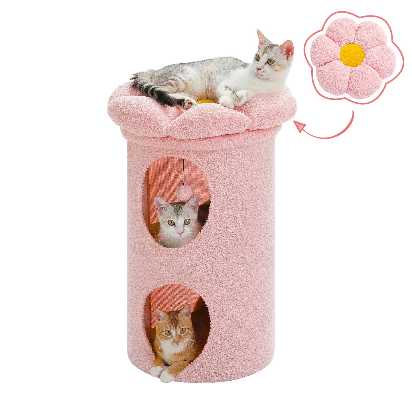Double-Deck Cat House with Pompom Ball, Large Cat Condo, Cat Bed with Soft Flower Perch, Spacious Cozy Condo for Multi Cats