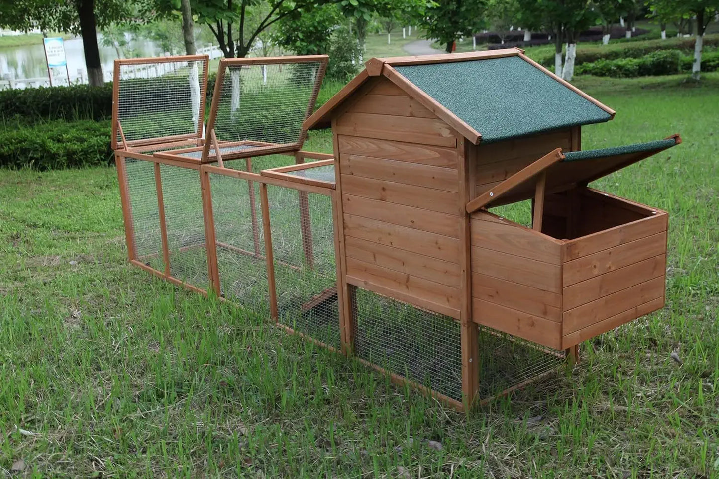 Outdoor Chicken Coop Wooden Hen House Poultry Pet Hutch Run Cage w/Waterproof Asphalt Roof, Ramp, Nesting BoxWire Fence (120")
