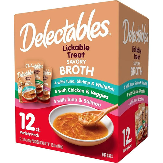 Savory Broths Lickable Cat Treat Variety Pack Grain Free Meat Seafood Broth 12 Pouches Quick Snack Topper Sensitive Stomach