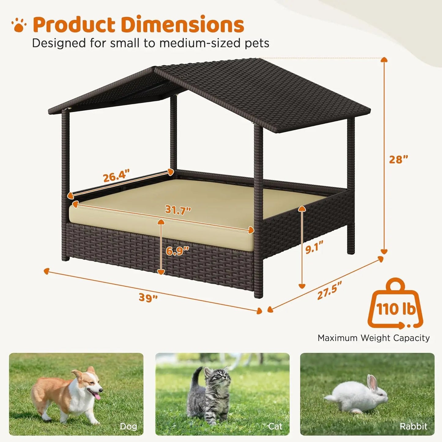 Wicker Dog House Outdoor Indoor with Canopy,Elevated Dog Shelter Dog Bed with Cushion for Small/Medium Dogs,Shade for Deck,Patio
