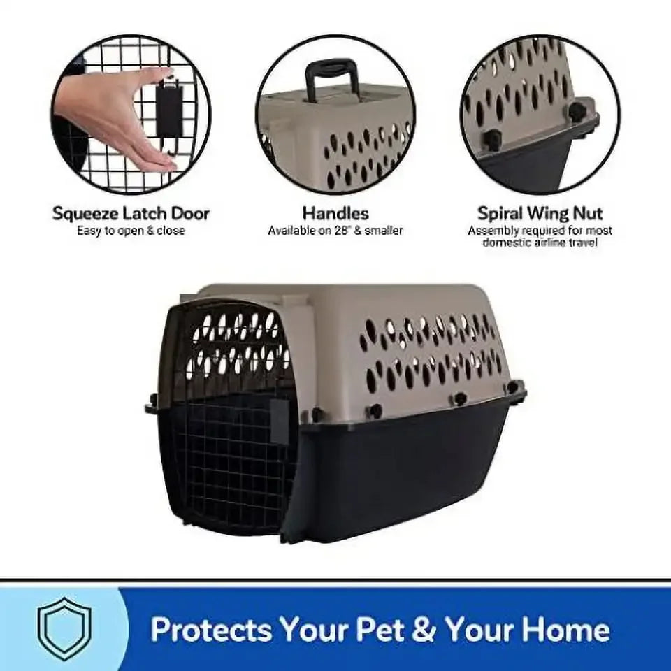 Dog Kennel Plastic Portable Travel Crate Airline Friendly Pet Carrier, Small 24" for Pets 10-20 lbs, Taupe/Black