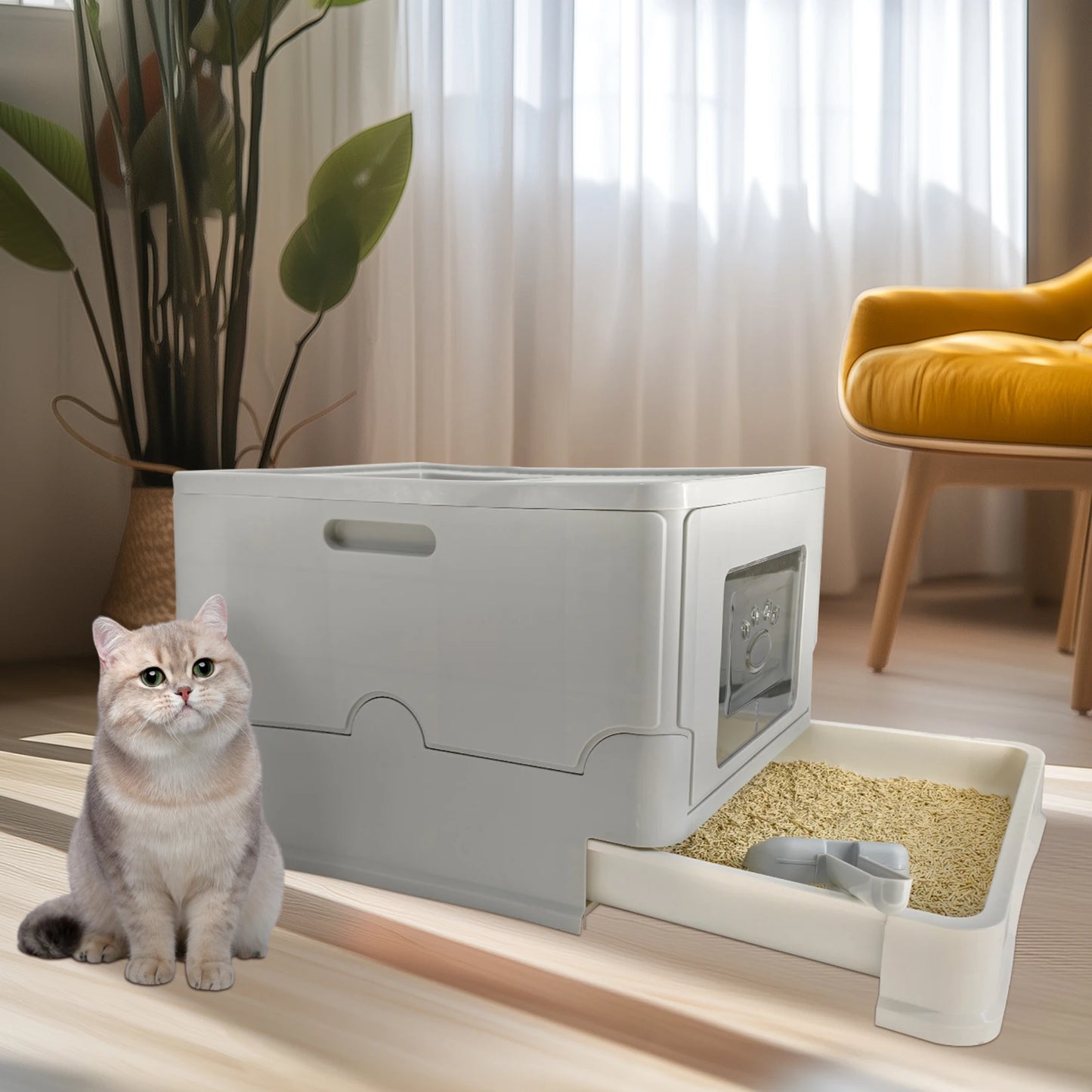 4-Style Stainless Steel Cat Litter Box with Lid Large Kitty Litter Box Enclosed with High Sided Enclosure Scoop Non-Sticky