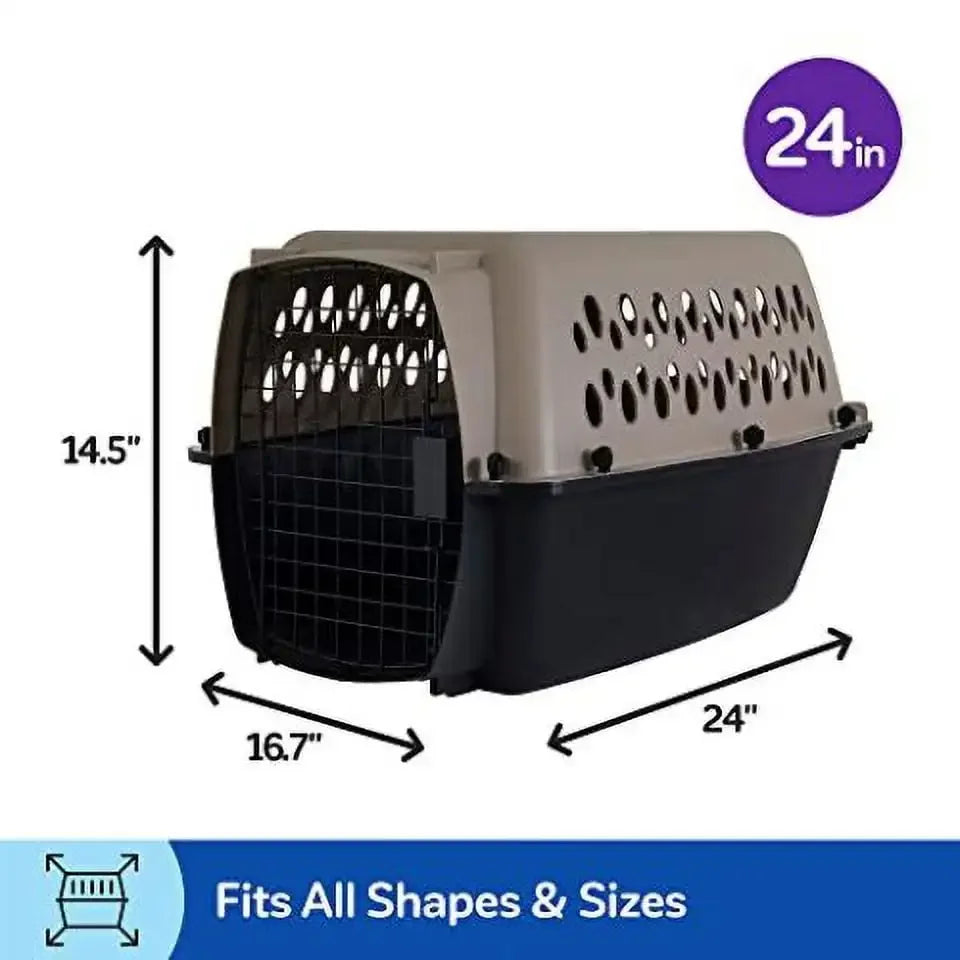 Dog Kennel Plastic Portable Travel Crate Airline Friendly Pet Carrier, Small 24" for Pets 10-20 lbs, Taupe/Black